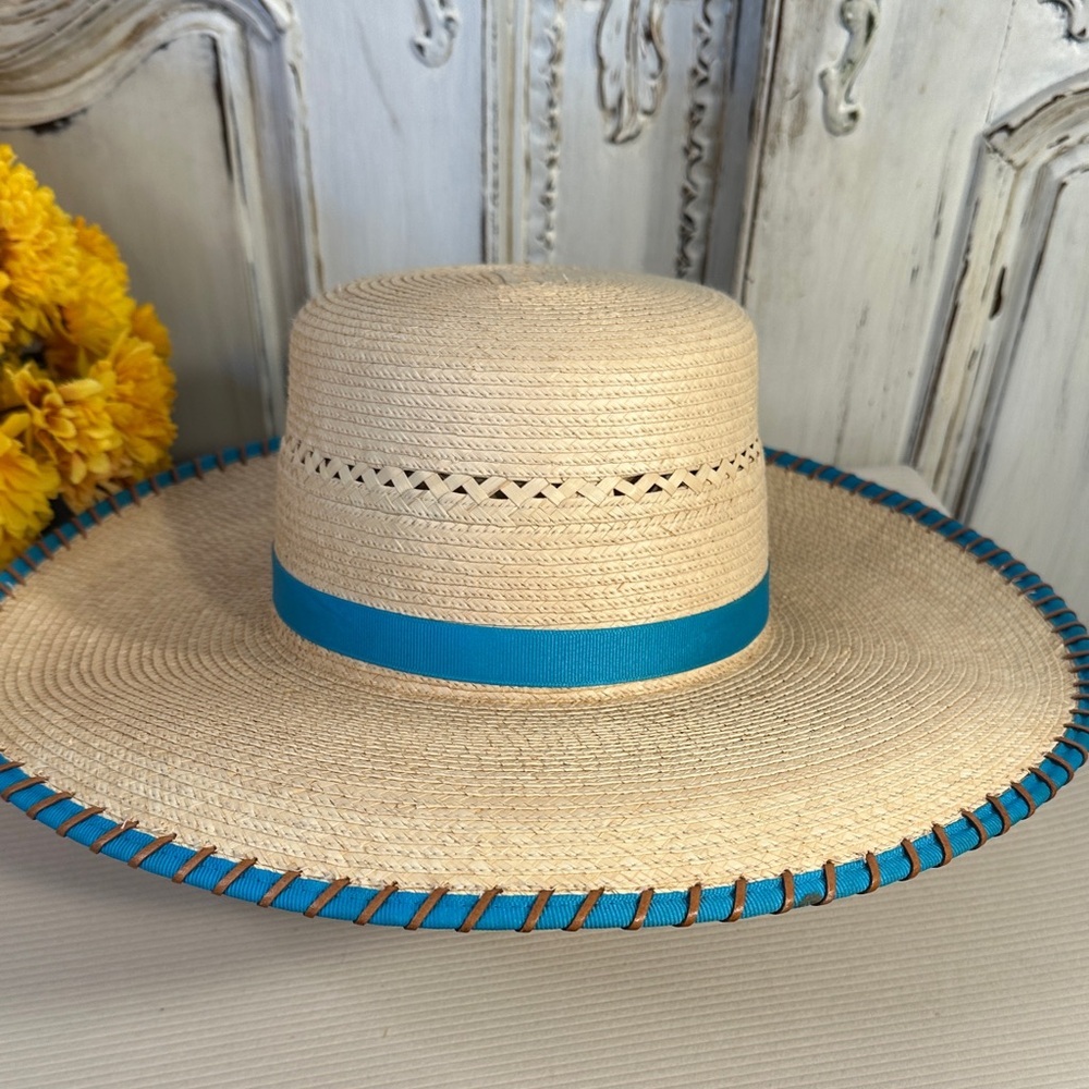Sun Body Hats Houston Texas Beige Straw Hat with Blue Trim Hand Made and Signed